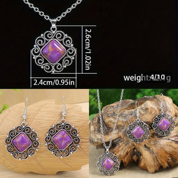 SET: Gemstone inlaid turquoise silver filigree set earrings/necklace brand new - Picture 4 of 4